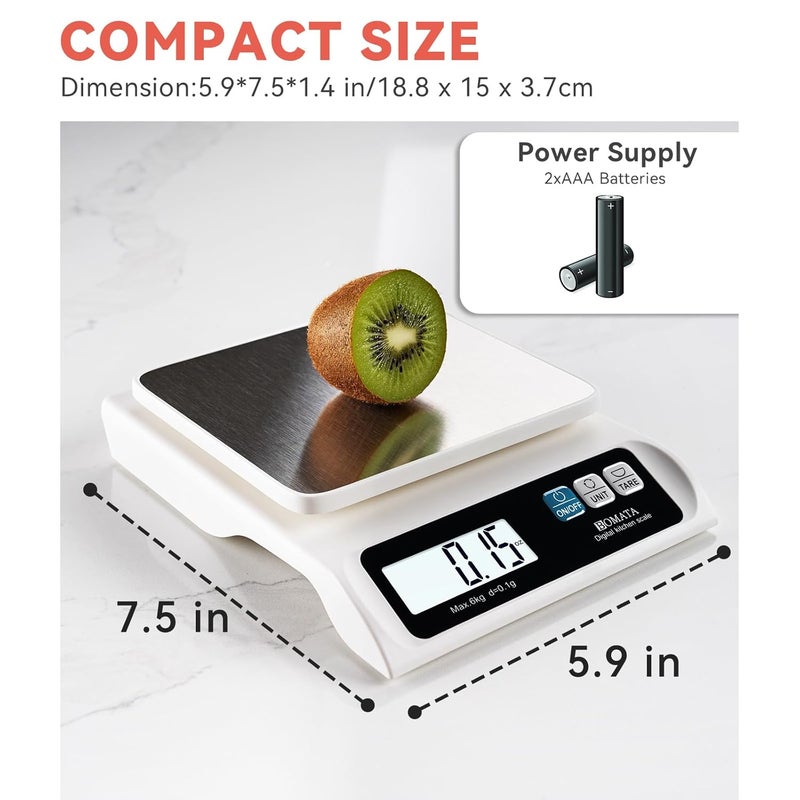 BOMATA 0.1g/ 13lb Food Scale, Digital Kitchen Scale with Removable Stainless Steel Pan, Backlit LCD Display, for Cooking, Baking B621 White - Image 5
